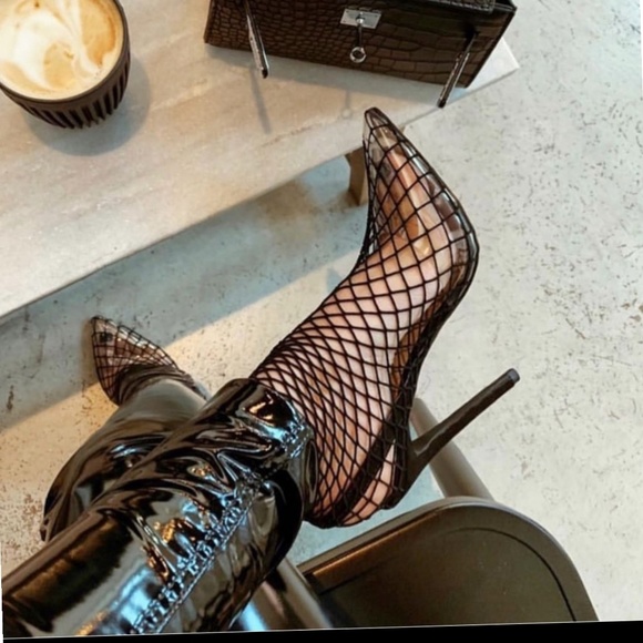 Last 7.5❗Black Clear Pointy Toeishnet Heel Sexy - Picture 7 of 8